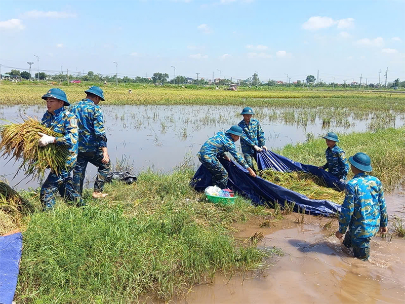 Cán bộ, chiến sĩ Lữ đoàn Công binh 28, Quân chủng Phòng không-Không quân giúp nhân dân khắc phục hậu quả mưa lũ sau bão số 10