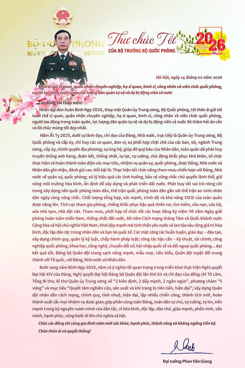 Thư ch&uacute;c Tết B&iacute;nh Ngọ 2026 của Bộ trưởng Bộ Quốc ph&ograve;ng